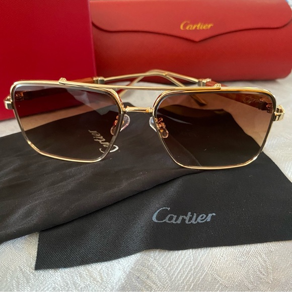 Cartier Wooden Temple Brown Square Sunglasses - Picture 2 of 9